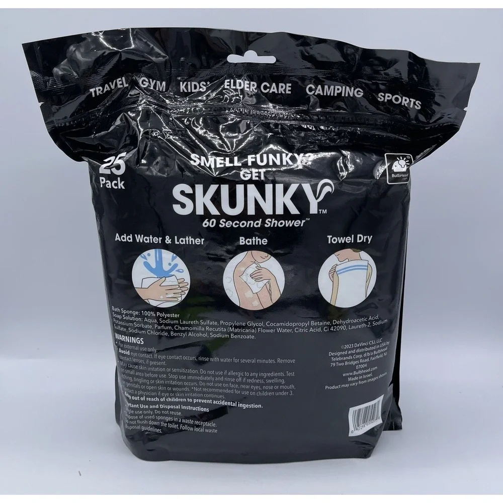 Skunky No Rinse Bathing Wipes, Cleans Without a Shower Great 25 Count New‎ NIP